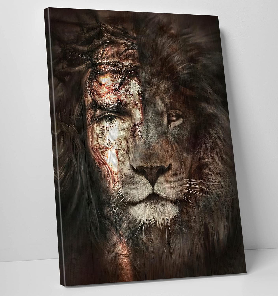 "Jesus Christ's face alongside a majestic lion, symbolizing strength and divinity."