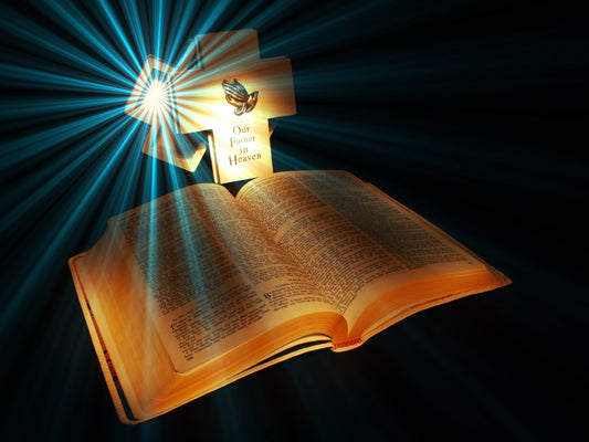 An open Bible illuminated by soft light with a glowing cross in the background, symbolizing faith and divine guidance