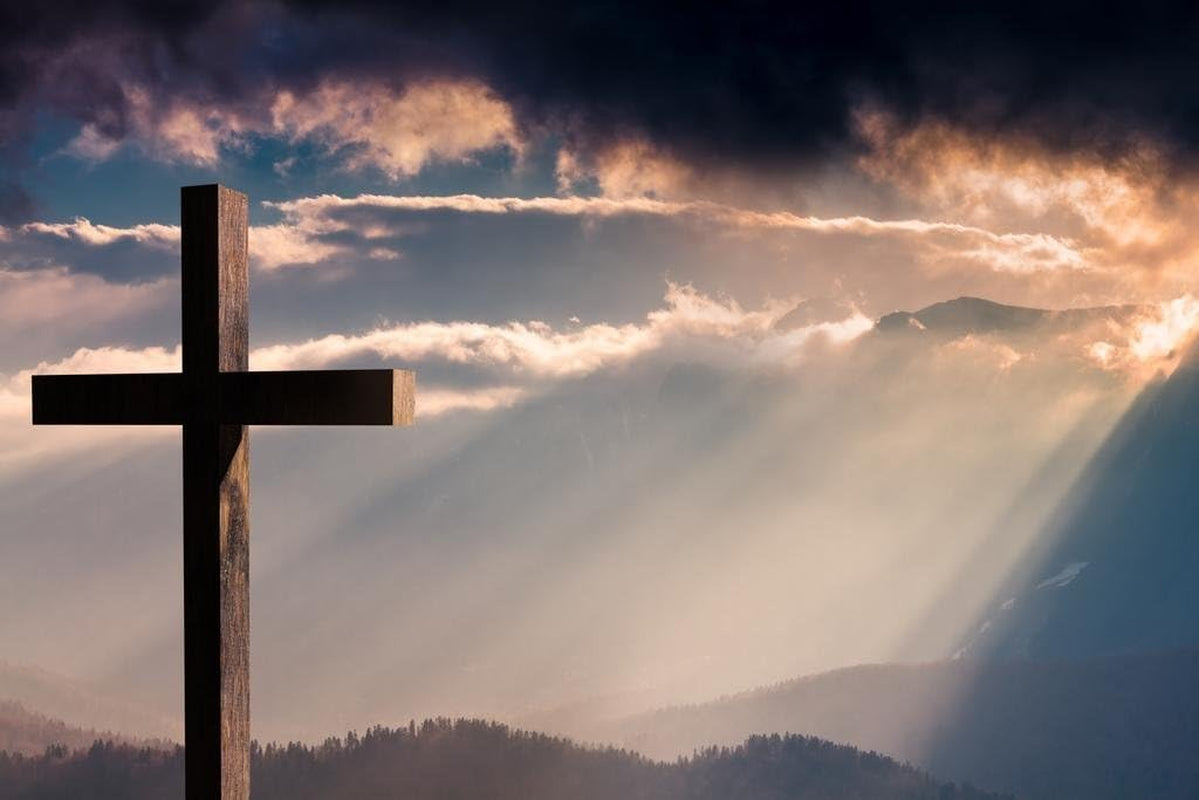 Wooden Cross Crucifix on a Dramatic Colorful Sunset Photo Photograph Cool Wall Art Print Poster 36X24