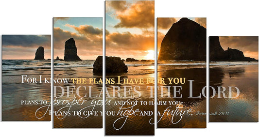 Christian Wall Art Canvas - for I Know the Plans I Have for You, Jeremiah 29:11, Faith Art, Bible Verse Wall Decor, Scripture Canvas, Ocean Scene (Large Panels)