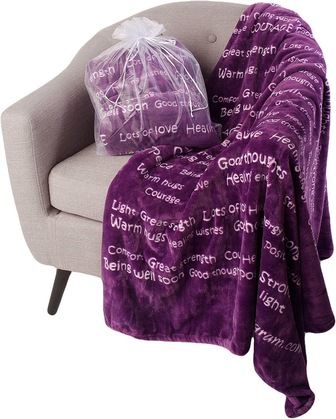 Blankiegram Healing Thoughts Throw Blanket, Comfort Gifts, Spread Positive Energy, Send Hugs with Inspirational Blanket, Perfect Get Well Gifts for Women, Men and Children - 50"X60" (Purple)