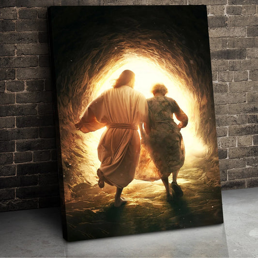 Jesus Runs Out of the Grave with an Elderly Woman Canvas Print, Christmas Decor, Christian Wall Art