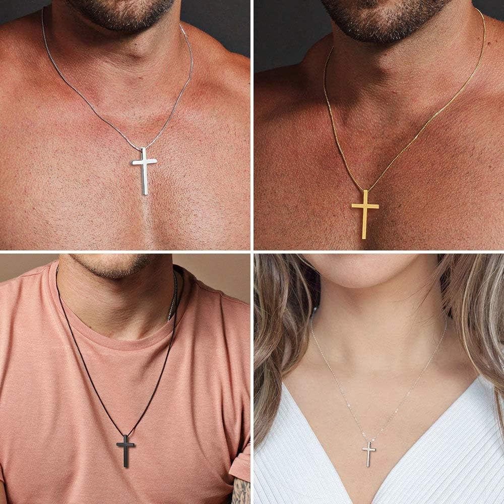 Cross Necklace for Men, Silver Black Gold Stainless Steel Plain Cross Pendant Necklace for Men Box Chain 16-30 Inch