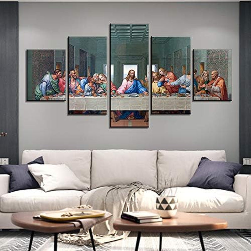 The Last Supper Wall Decor Jesus Canvas Wall Art Frame Pictures for Dining Room Kitchen 5 Piece Painting Wooden Framed Artwork