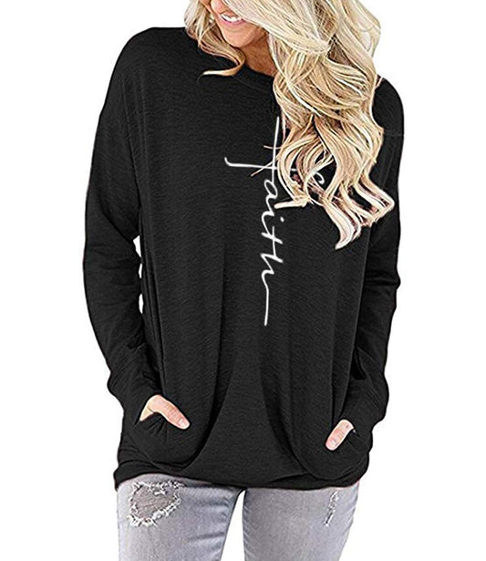 Mansy Women's Faith Sweatshirt Loose Fit Long Sleeve Crewneck Christian Letter Print Tunic Tops with Pocket (Black, XXL)