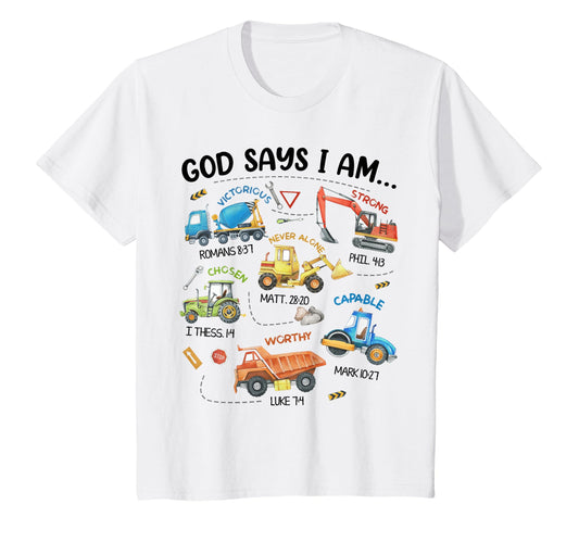 Kids God Says I Am Construction Bible Verse Truck Toddler Boys T-Shirt