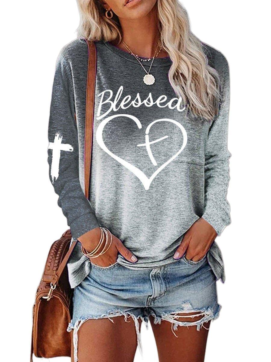 Akivide Womens Blessed Jesus Cross Letter Print Long Sleeve Sweatshirt Pullover Tops Faith Shirt Grey Mixed