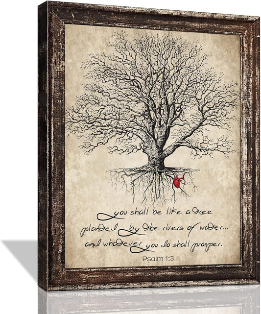 Christian Wall Art Scripture Bible Verse Wall Decor Vintage Tree Inspirational Quotes Canvas Print Painting Motivational Poster Retro Framed Artwork for Bedroom Living Room Church 12X16 Inch