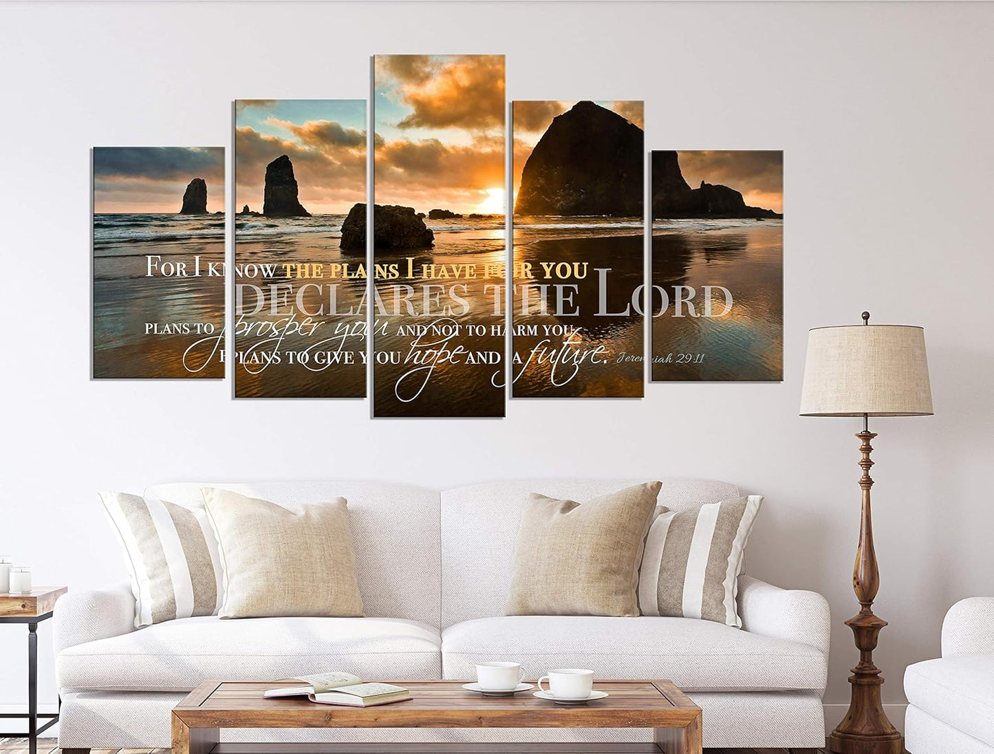 Christian Wall Art Canvas - for I Know the Plans I Have for You, Jeremiah 29:11, Faith Art, Bible Verse Wall Decor, Scripture Canvas, Ocean Scene (Large Panels)