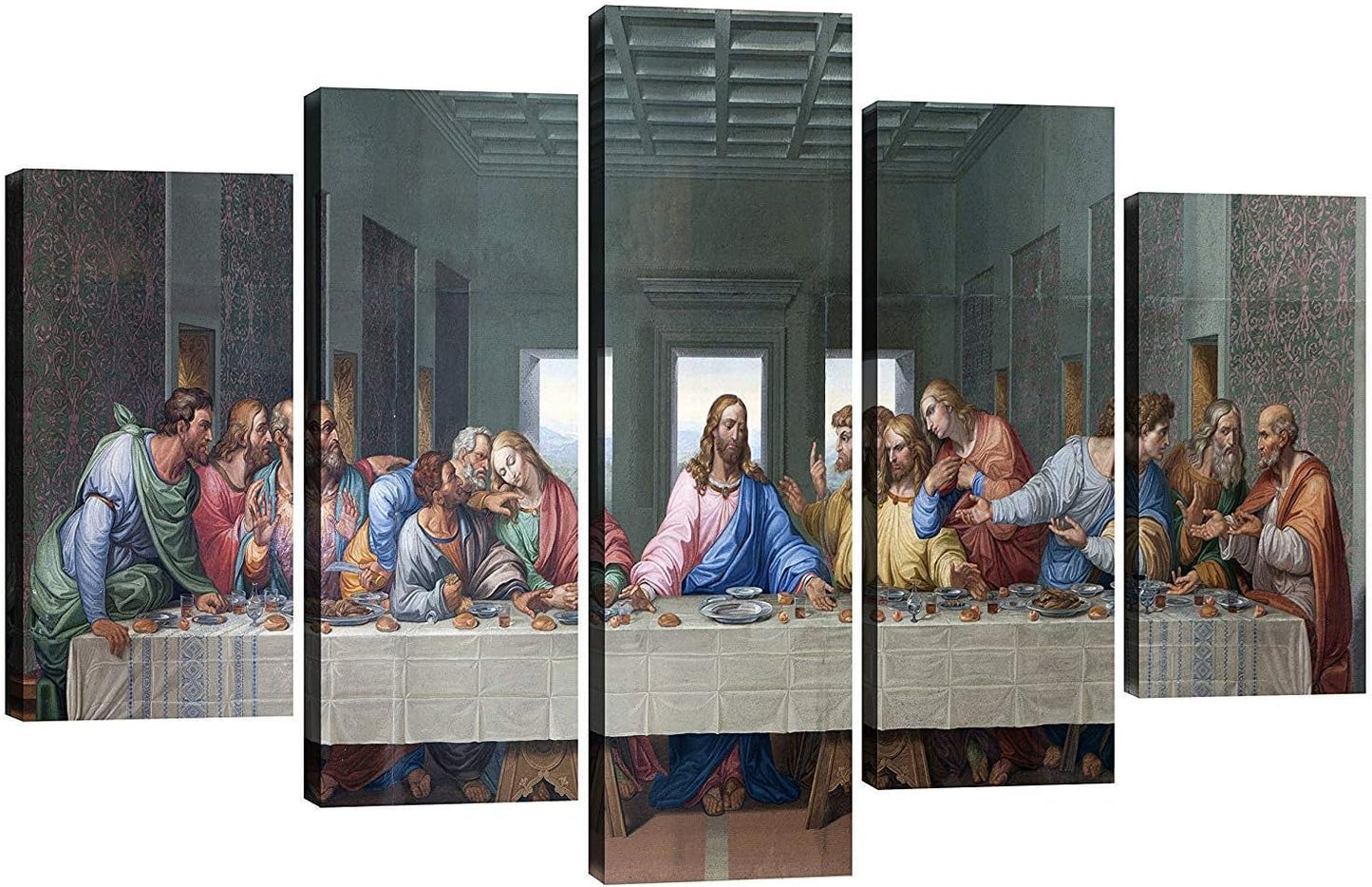 The Last Supper Wall Decor Jesus Canvas Wall Art Frame Pictures for Dining Room Kitchen 5 Piece Painting Wooden Framed Artwork