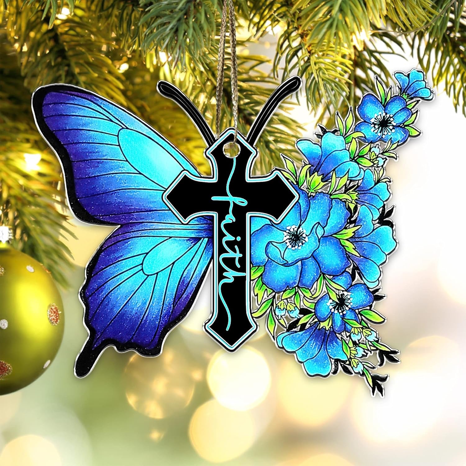 Butterfly Flower Faith Christmas Tree Ornament - Butterfly Jesus Xmas Tree Hanging Gift - Christian Faith Flower Christmas Decor Ornaments